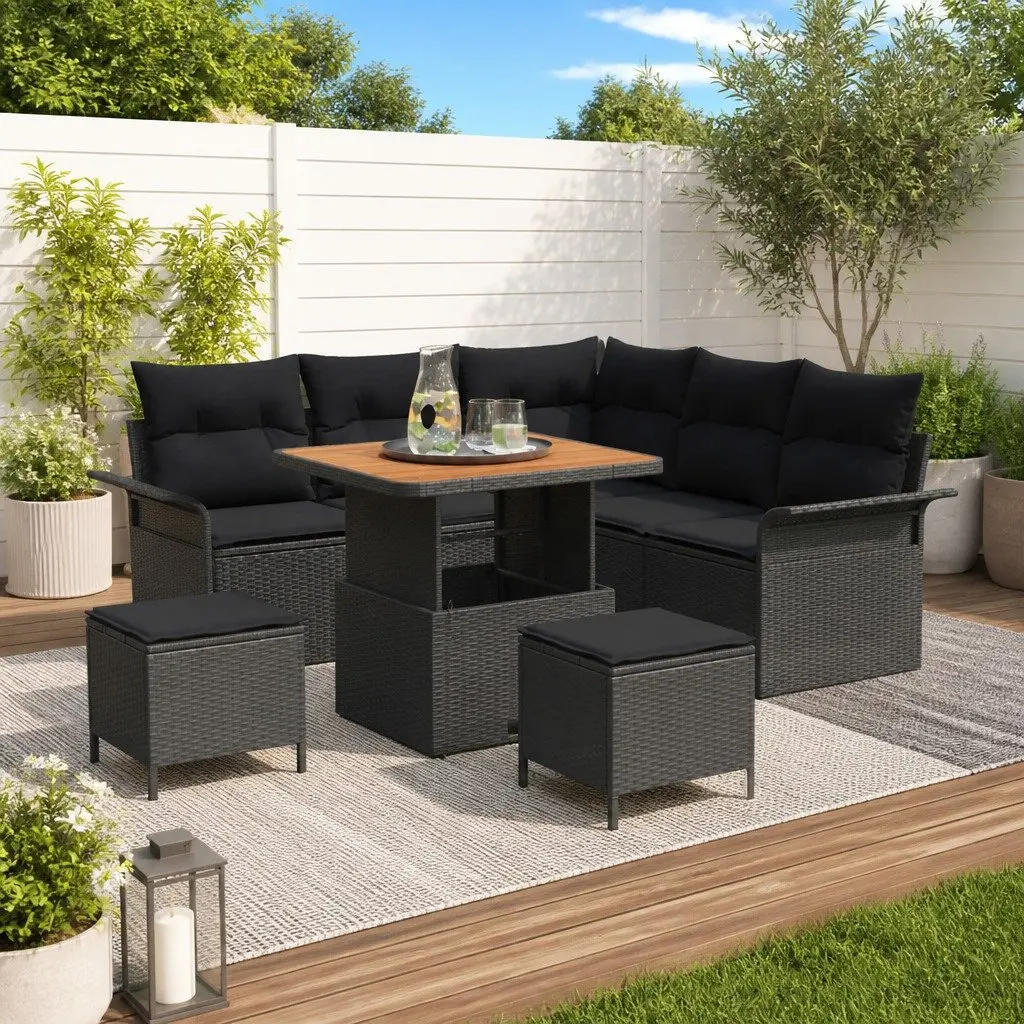 Garden Sofa Set 8 Pieces Black Poly Rattan Outdoor Furniture with Cushion Patio