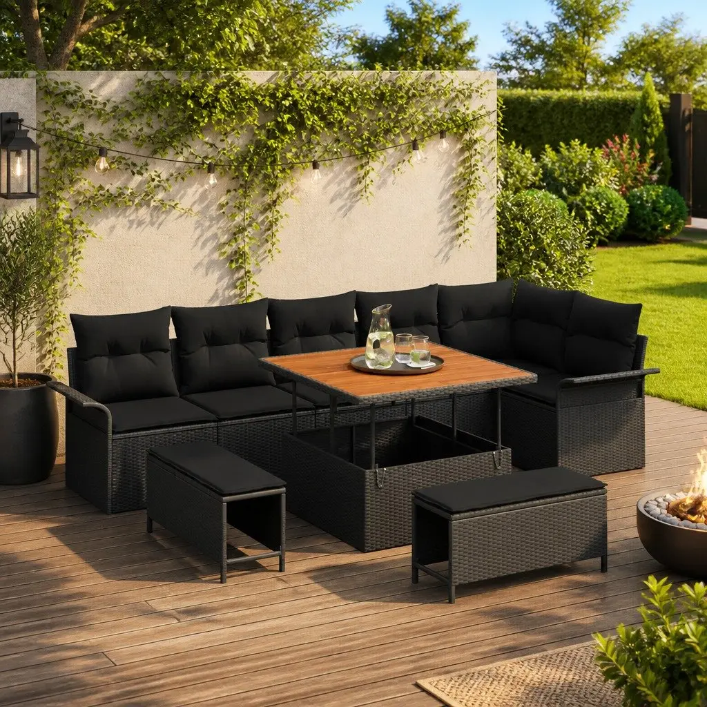 Garden Sofa Set 9 Piece Modular Outdoor Furniture Black Poly Rattan with Cushions