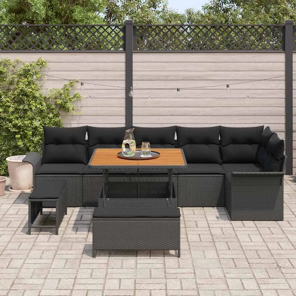 Garden Sofa Set 9 Piece Modular Outdoor Furniture Black Poly Rattan with Cushions