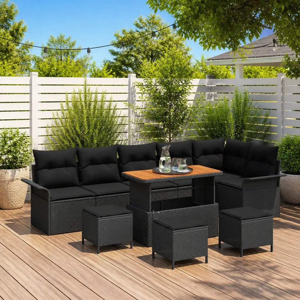 Outdoor Garden Sofa Set 10 Piece Black Poly Rattan Furniture