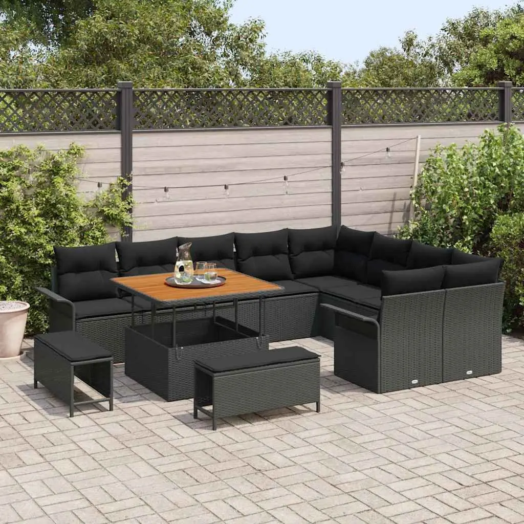 Modular Outdoor Garden Sofa Set 12 Piece Poly Rattan Black with Cushions