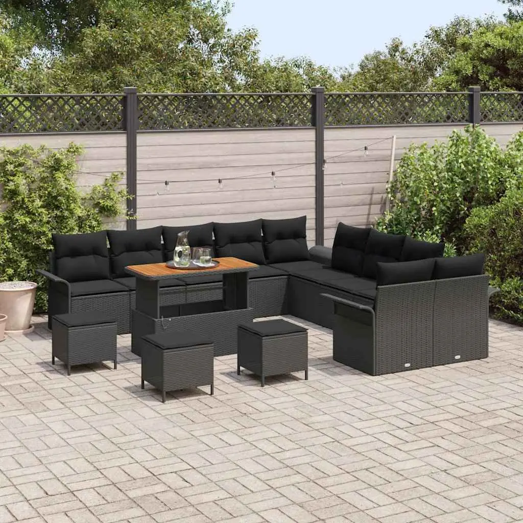 14-Piece Black Garden Sofa Set with Cushions