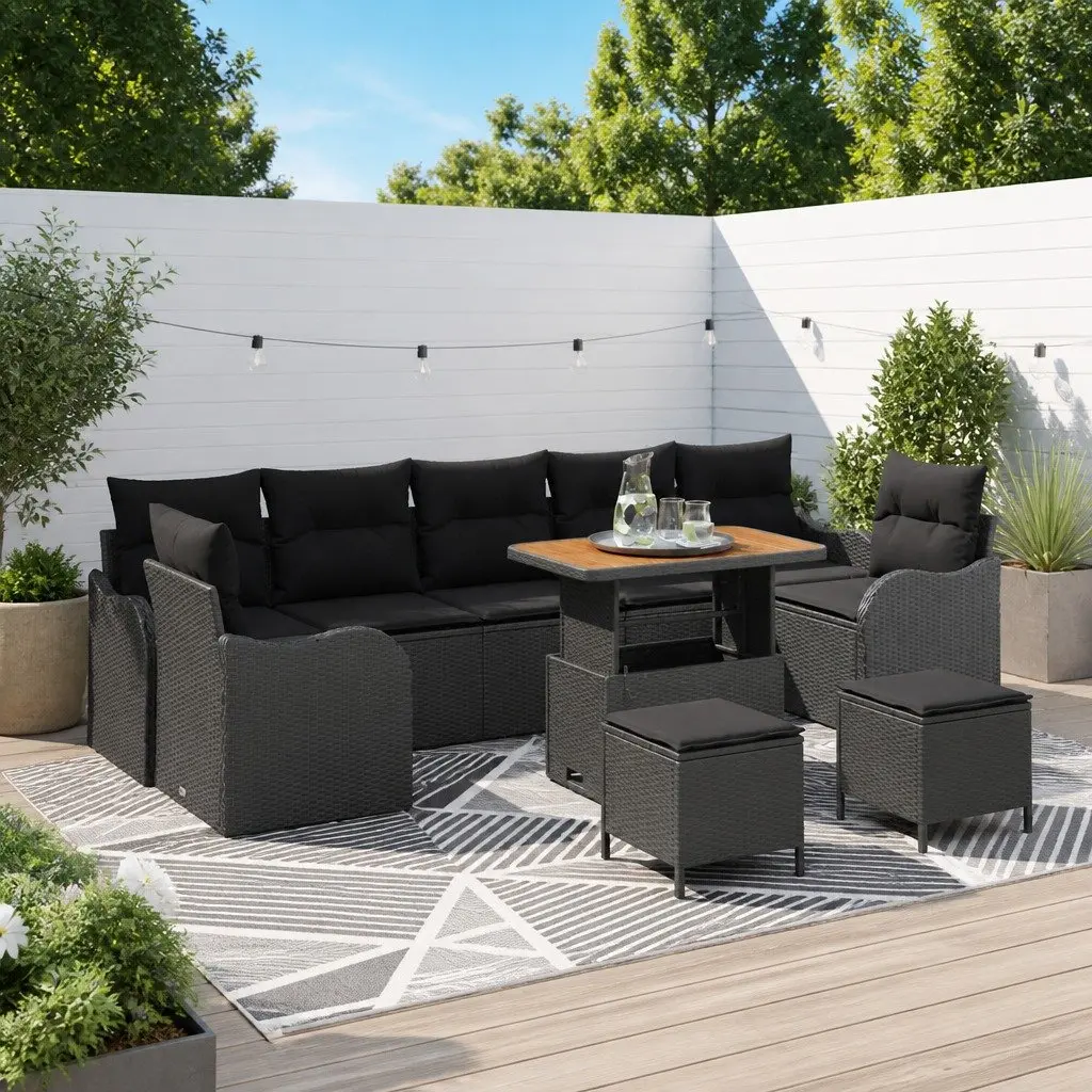 Garden Sofa Set 10 Pieces Outdoor Furniture Black Poly Rattan with Cushions