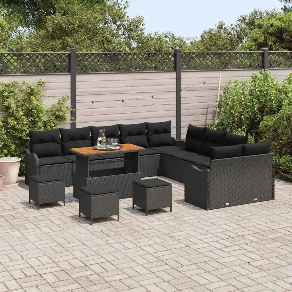 Outdoor Furniture Set 14 Piece Black Poly Rattan Garden Sofa with Cushions Acacia Wood Steel Frame