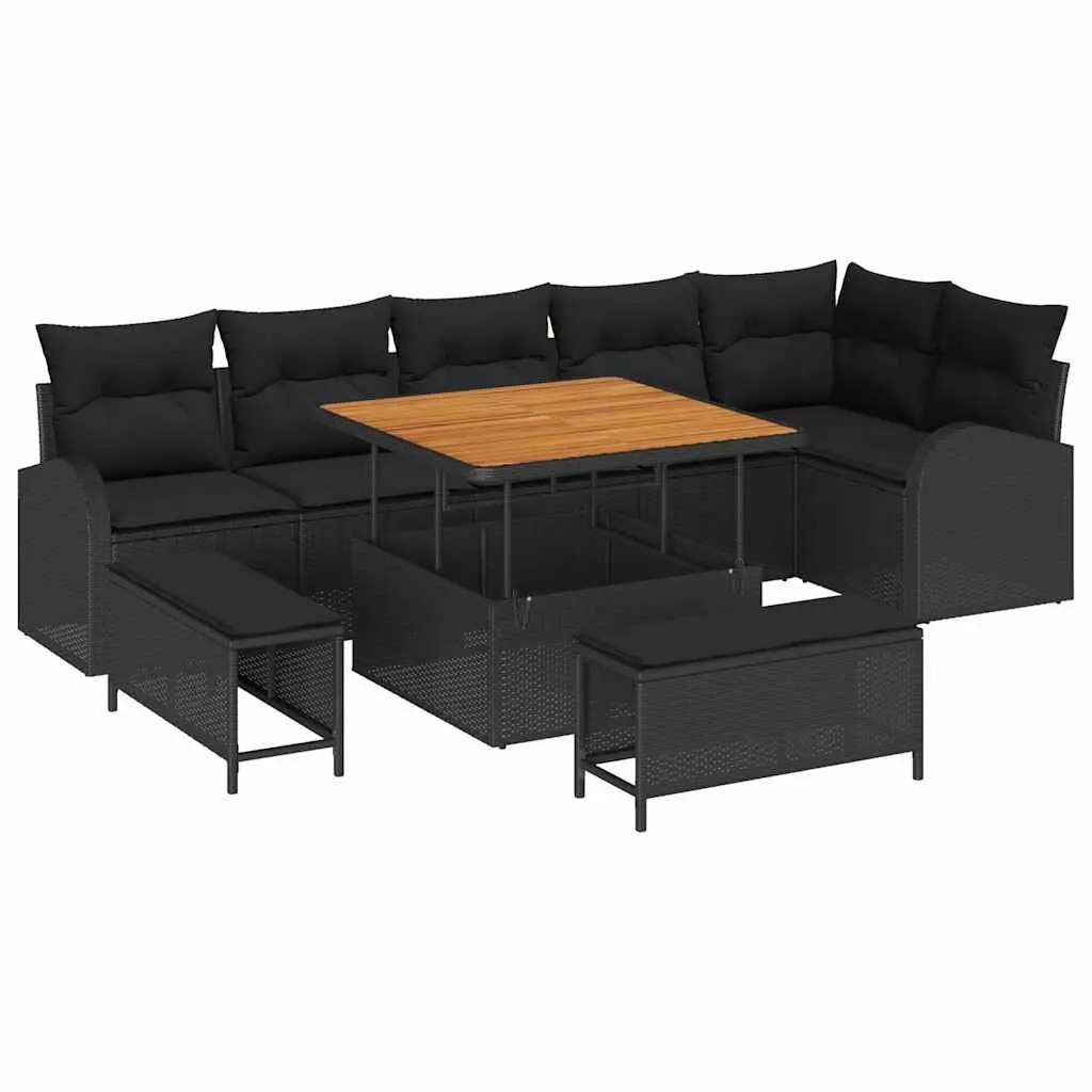 Garden Sofa Set 9 Pieces Outdoor Furniture Poly Rattan Black with Cushions