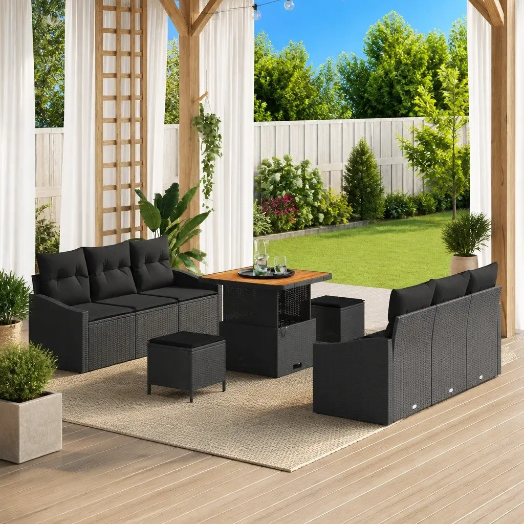 Garden Sofa Set Outdoor Furniture Modular Black Poly Rattan 9 Pieces