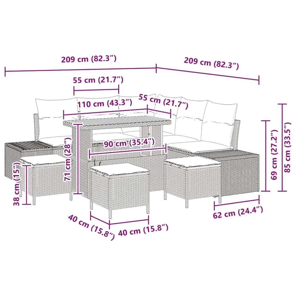 Modular Outdoor Rattan Sofa Set 9 Piece Black Garden Furniture Lounge Sectional