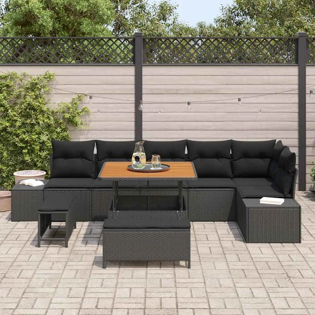 Outdoor Rattan Sofa Set 9 Pieces Black Modular Lounge Furniture for Garden Patio