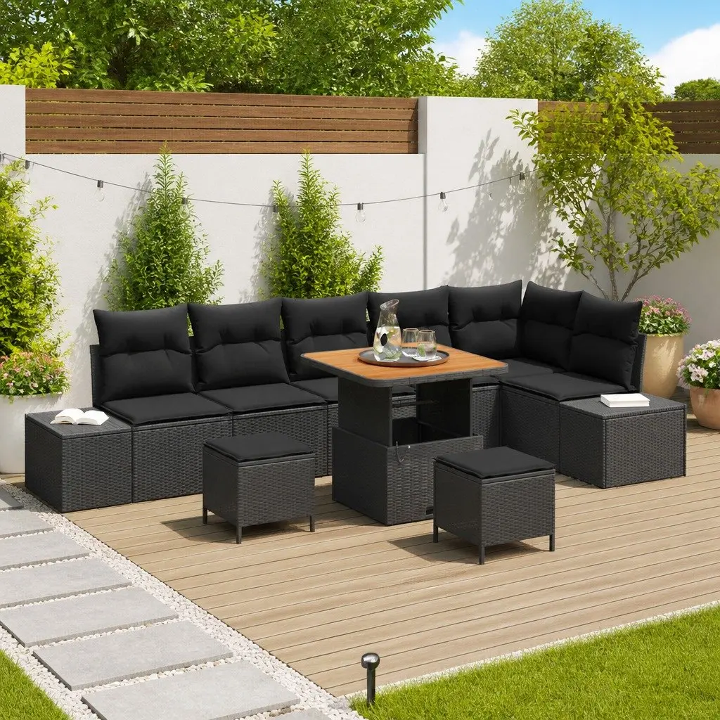 Outdoor Garden Sofa Set 9 Piece Black Poly Rattan Cushions