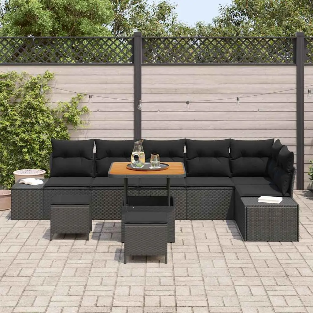 Outdoor Garden Sofa Set 9 Piece Black Poly Rattan Cushions