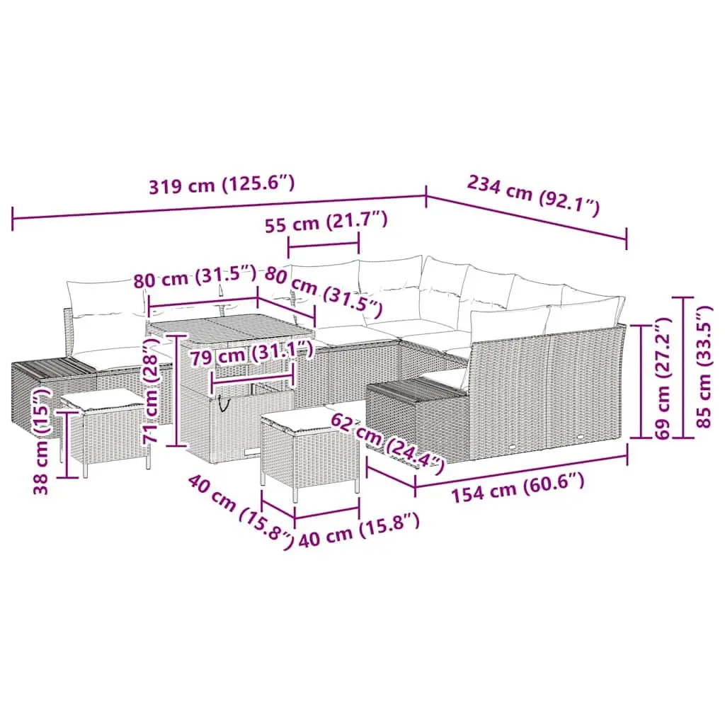 Outdoor Sofa Set 12-Piece Garden Furniture Black Poly Rattan Coffee Table