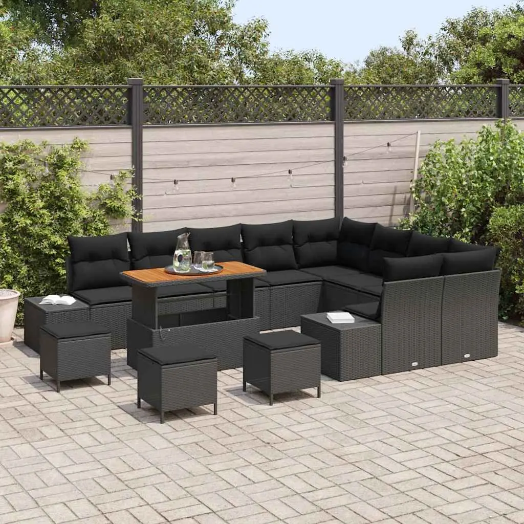 13 Piece Outdoor Furniture Set Black Poly Rattan Sofa with Cushions and Steel Frame for Garden Terrace and Balcony