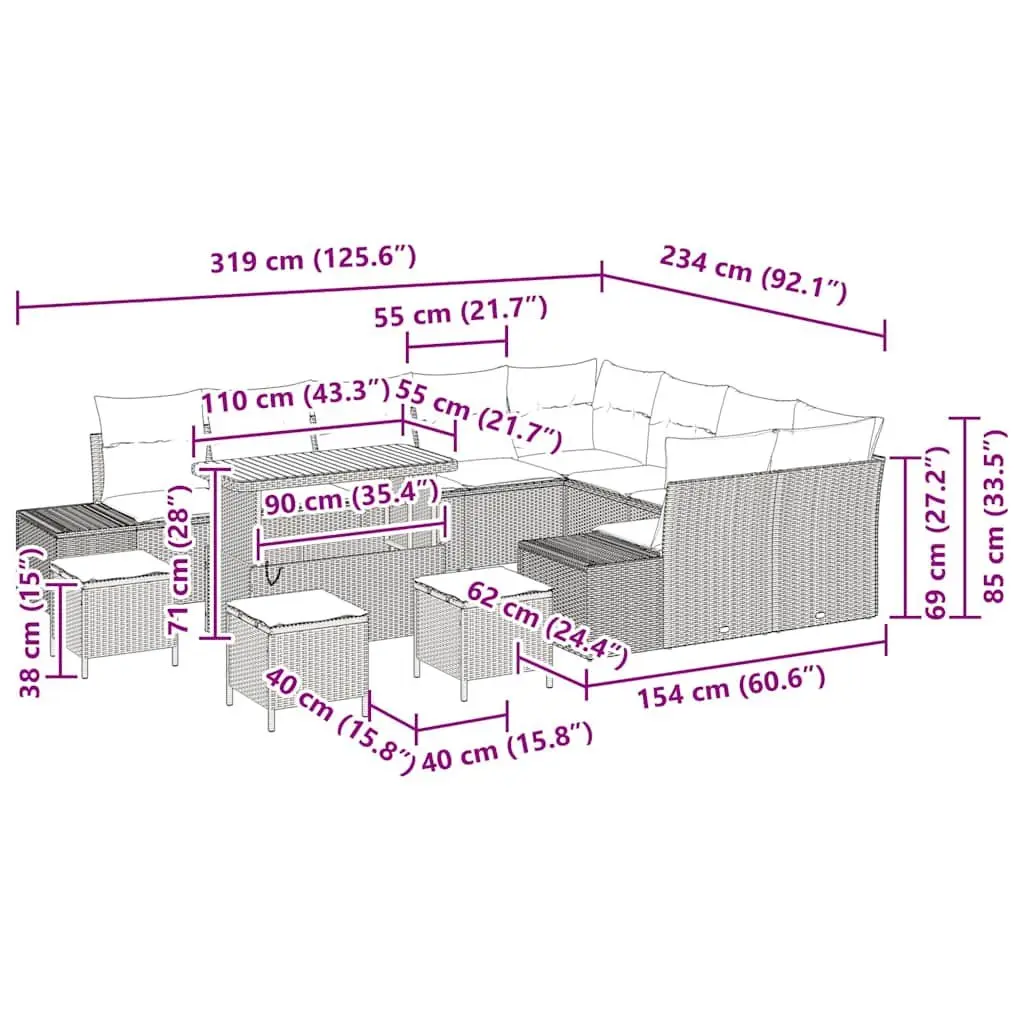 13 Piece Outdoor Furniture Set Black Poly Rattan Sofa with Cushions and Steel Frame for Garden Terrace and Balcony