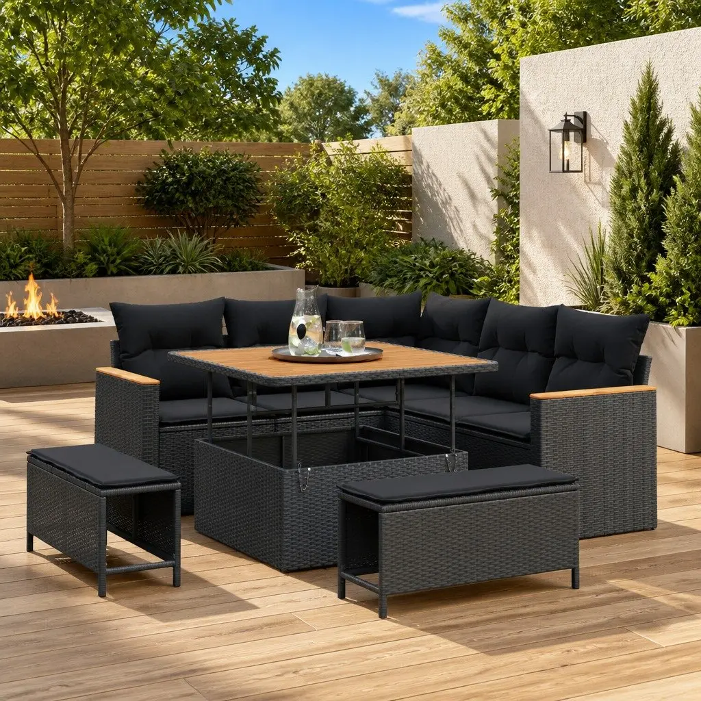 Garden Sofa Set 8 Pieces Modular Outdoor Furniture Black Rattan Patio Lounge