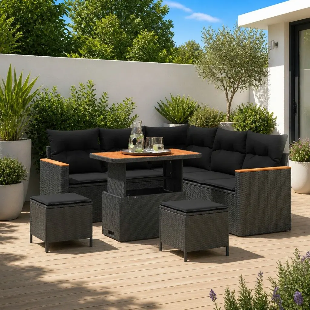 Garden Sofa Set 8 Piece Outdoor Patio Furniture Black Poly Rattan Modular Lounge