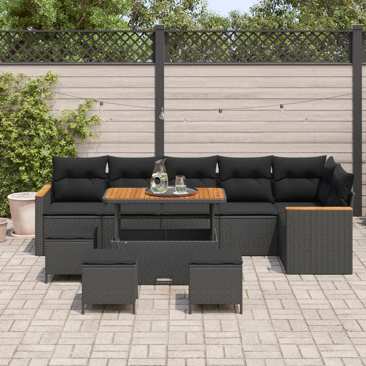 Garden Sofa Set 10 Piece Outdoor Furniture Black Poly Rattan Acacia Wood Patio