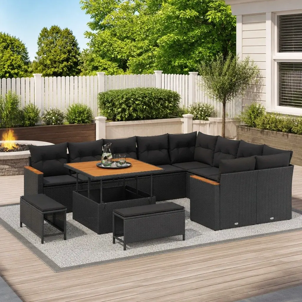 12 Piece Black Garden Sofa Set Outdoor Poly Rattan Patio Furniture Lounge Suite