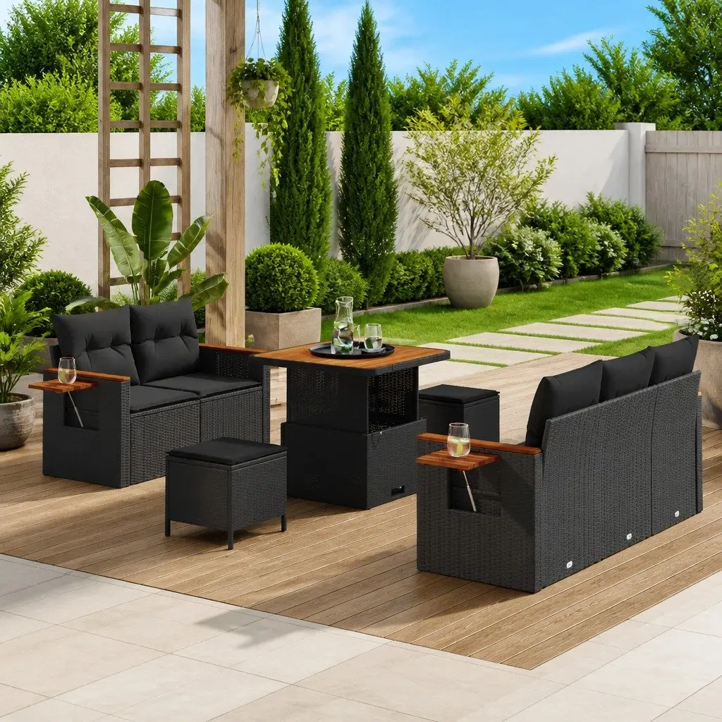 Outdoor Garden Sofa Set Modular Patio Furniture 8 Pieces Black Poly Rattan