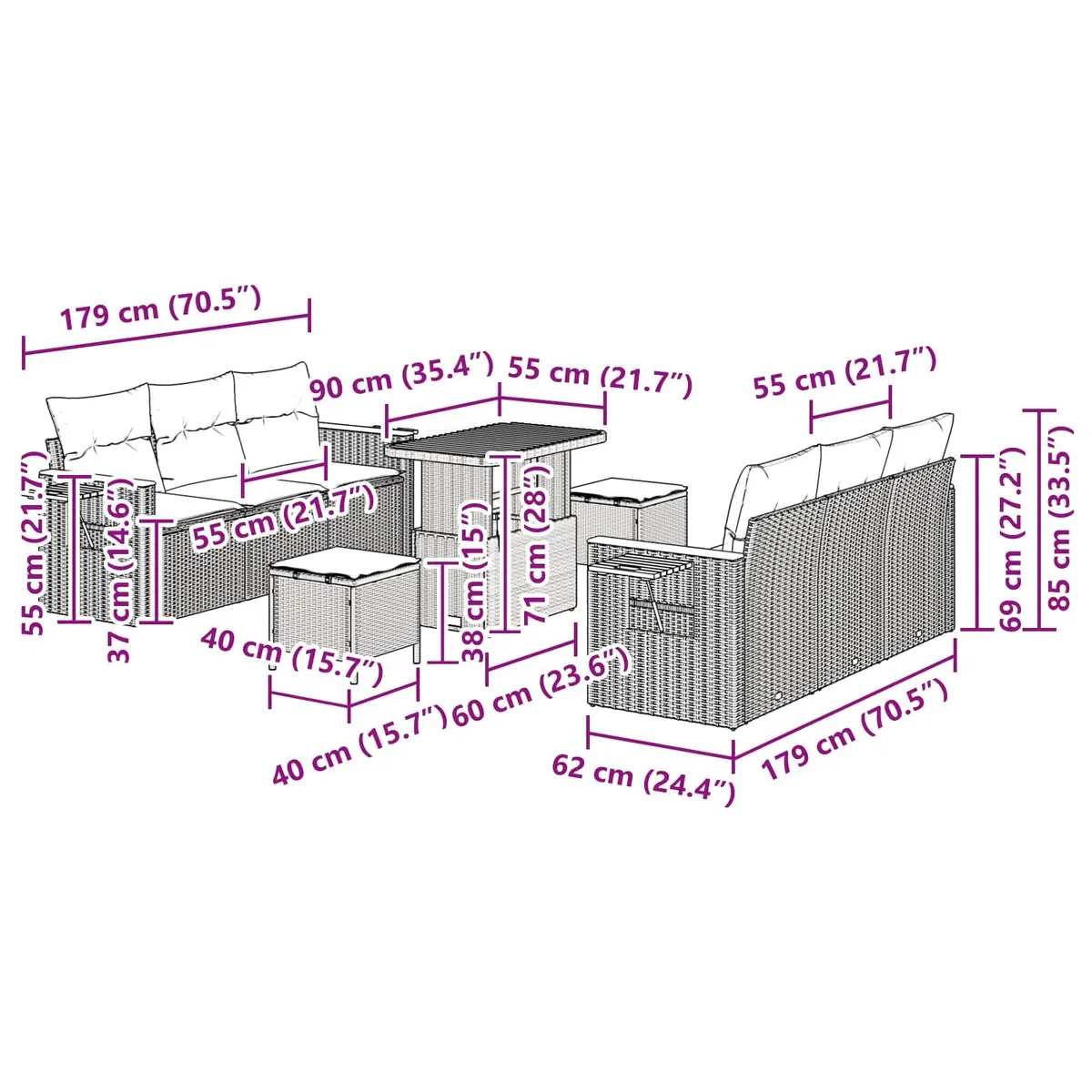 Garden Sofa Set Modular Outdoor Furniture 9 Pieces Black Rattan Patio Seating