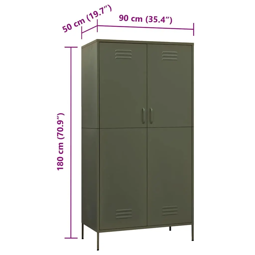 Steel Wardrobe Cupboard Cabinet Adjustable Shelves Hanging Rod 90W x 50D x 180H cm Olive Green