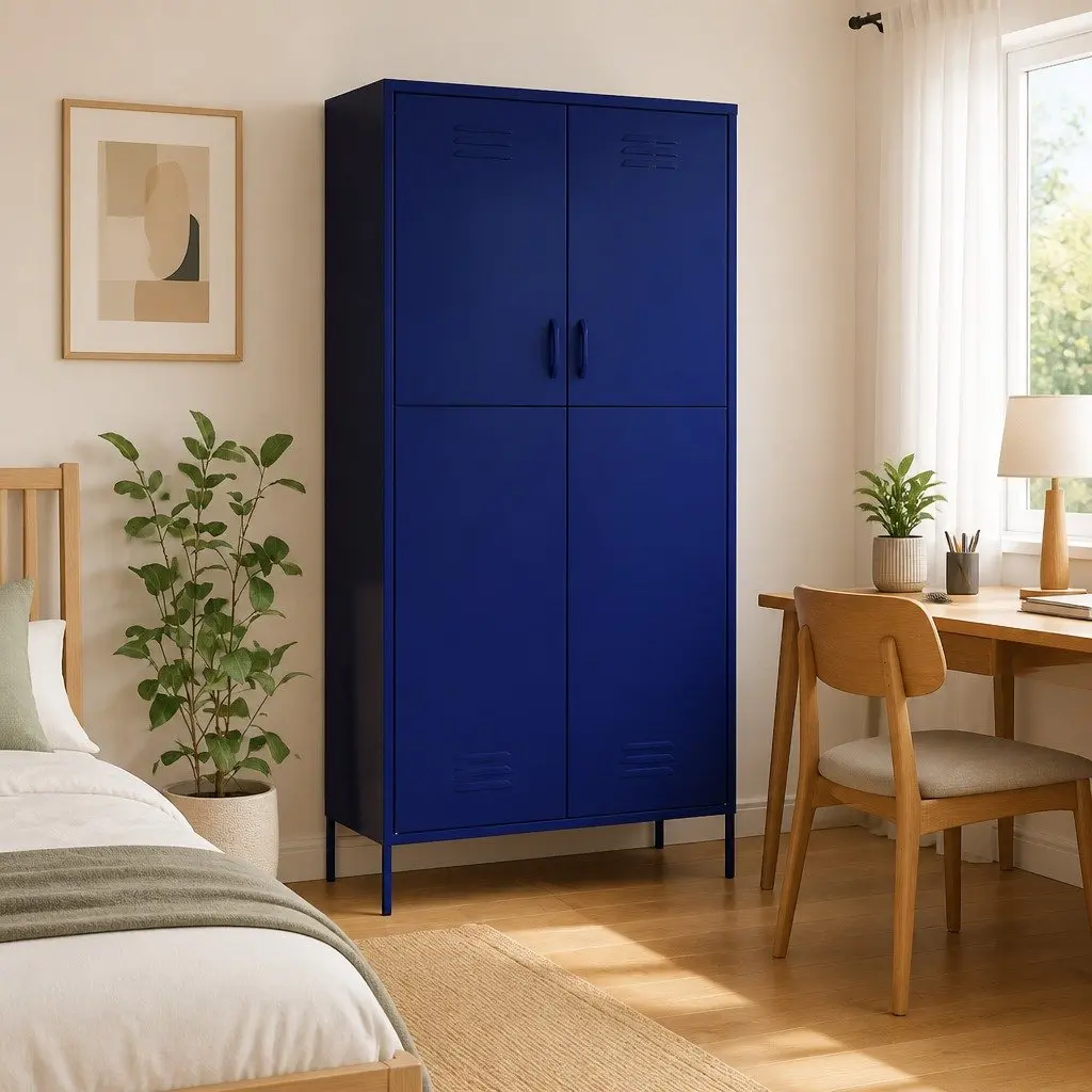 Wardrobe Cabinet Blue Steel Storage Cupboard 4 Shelves Hanging Rod Organiser