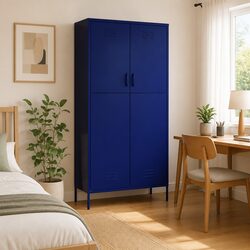 Wardrobe Cabinet Blue Steel Storage Cupboard 4 Shelves Hanging Rod Organiser