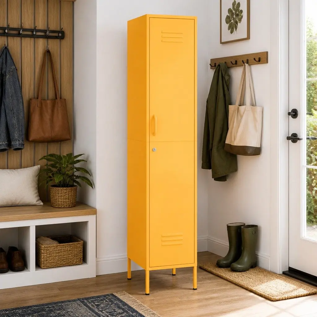 Adjustable Steel Cabinet Yellow 4 Shelves Secure Organizer for Home Office Storage