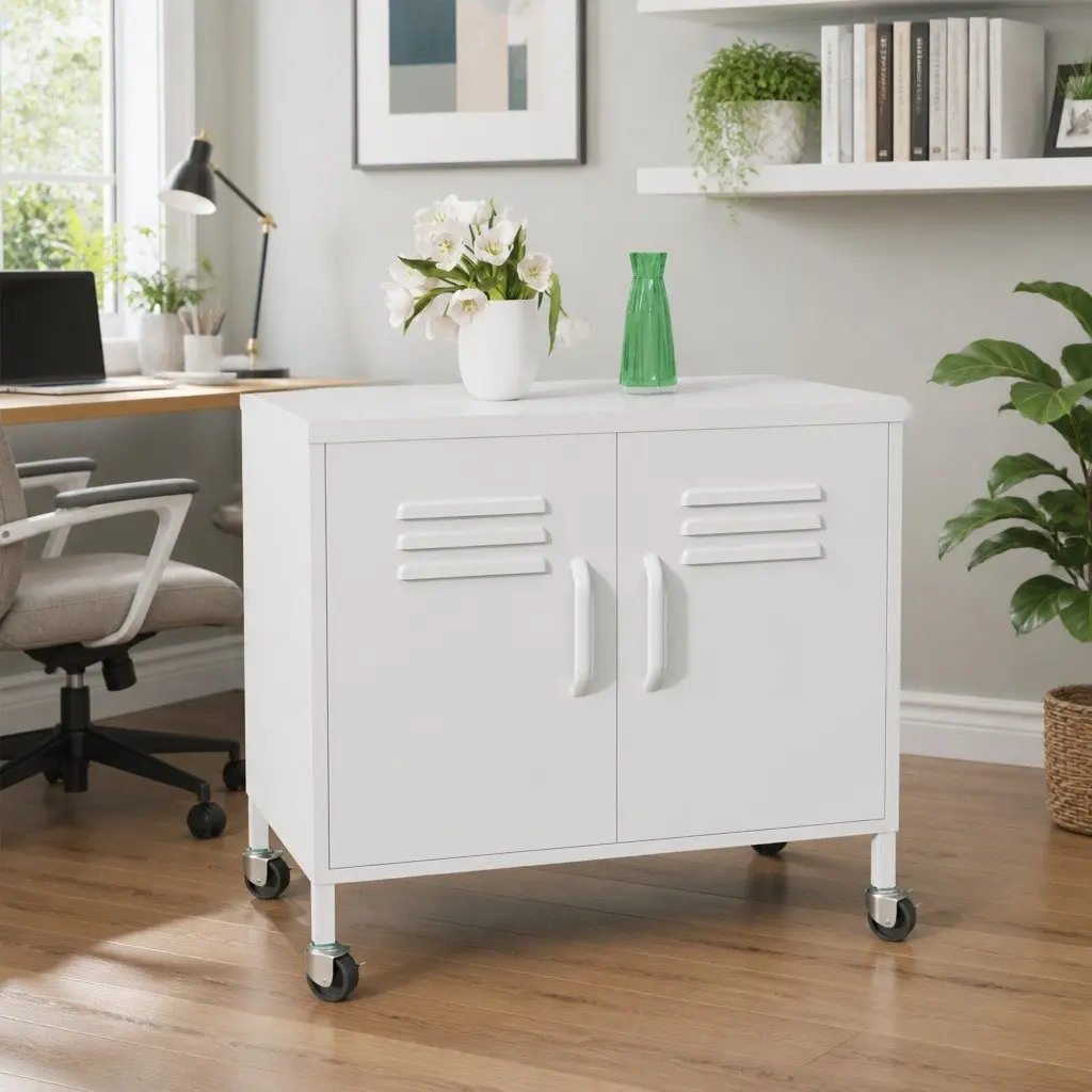 White Steel Cabinet 60x35x56cm Adjustable Shelf Mobile Storage
