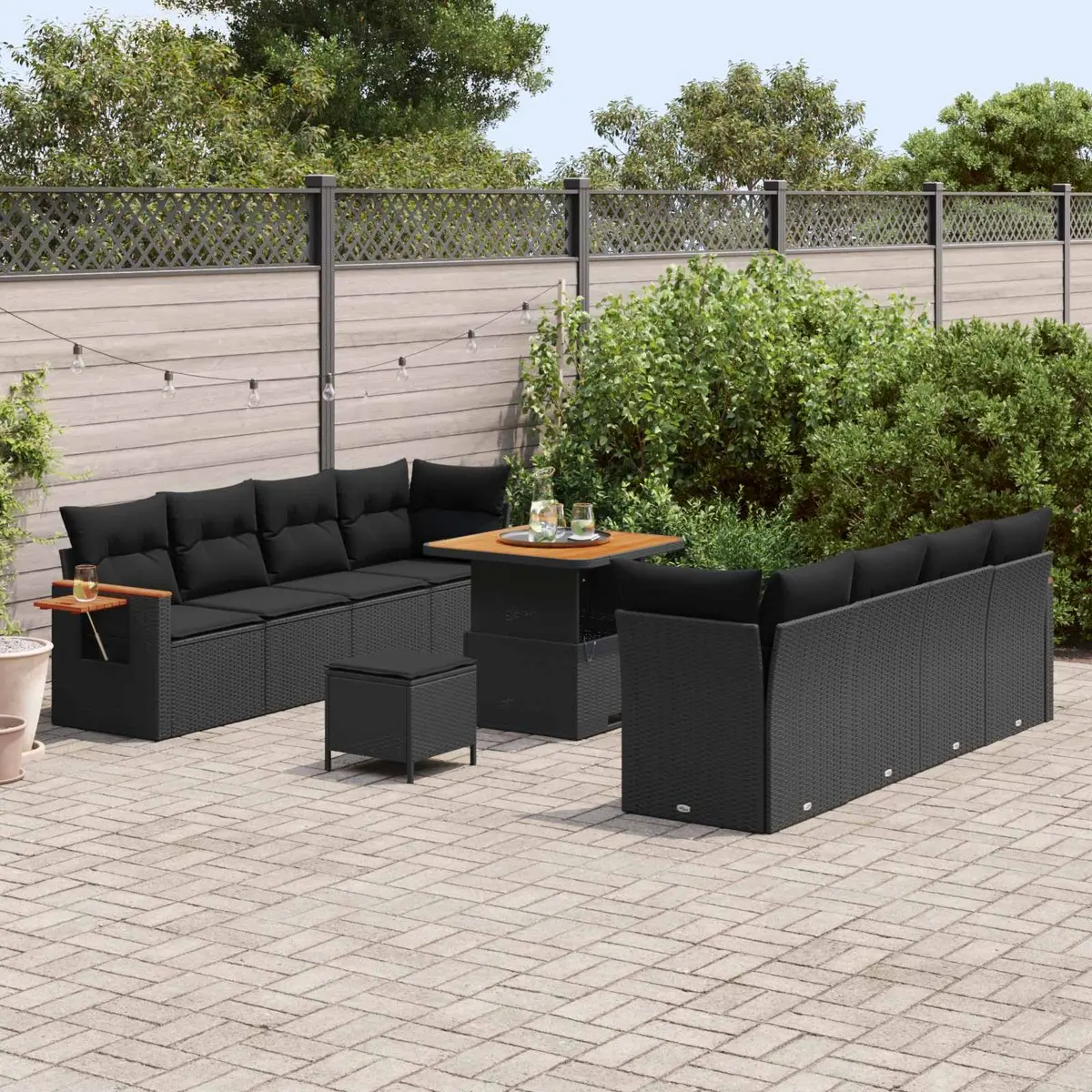 Garden Sofa Set 11 Pieces Black Modular Outdoor Furniture Poly Rattan Acacia