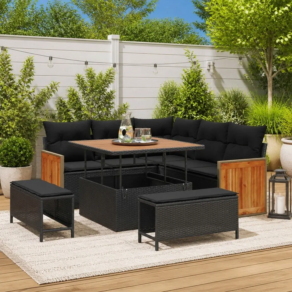 Outdoor Garden Sofa Set 8 Pieces Poly Rattan Black Steel Frame