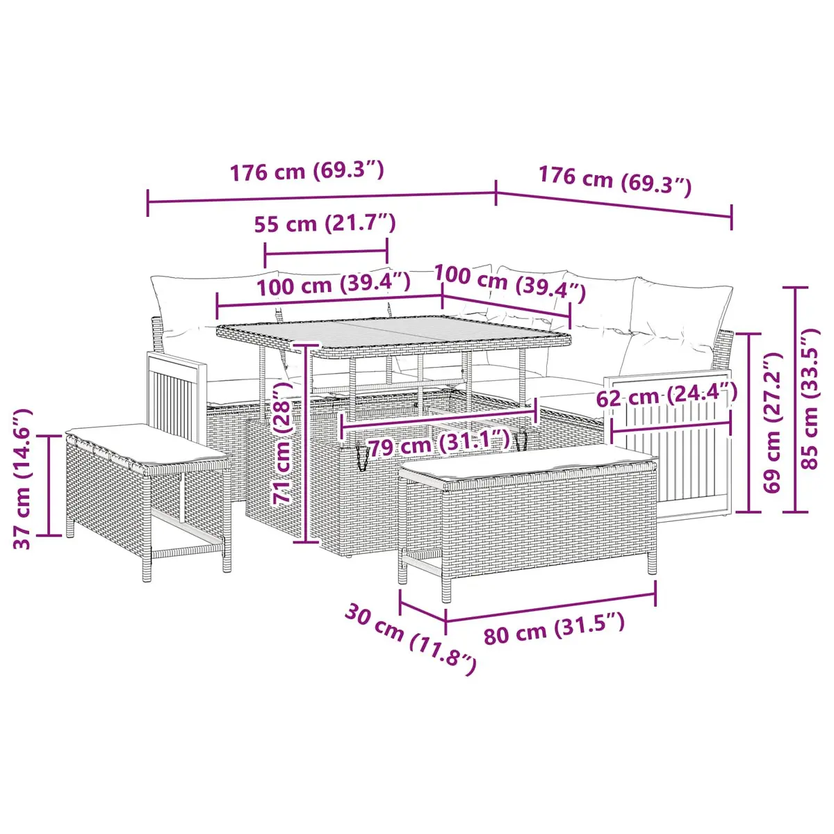Outdoor Garden Sofa Set 8 Pieces Poly Rattan Black Steel Frame