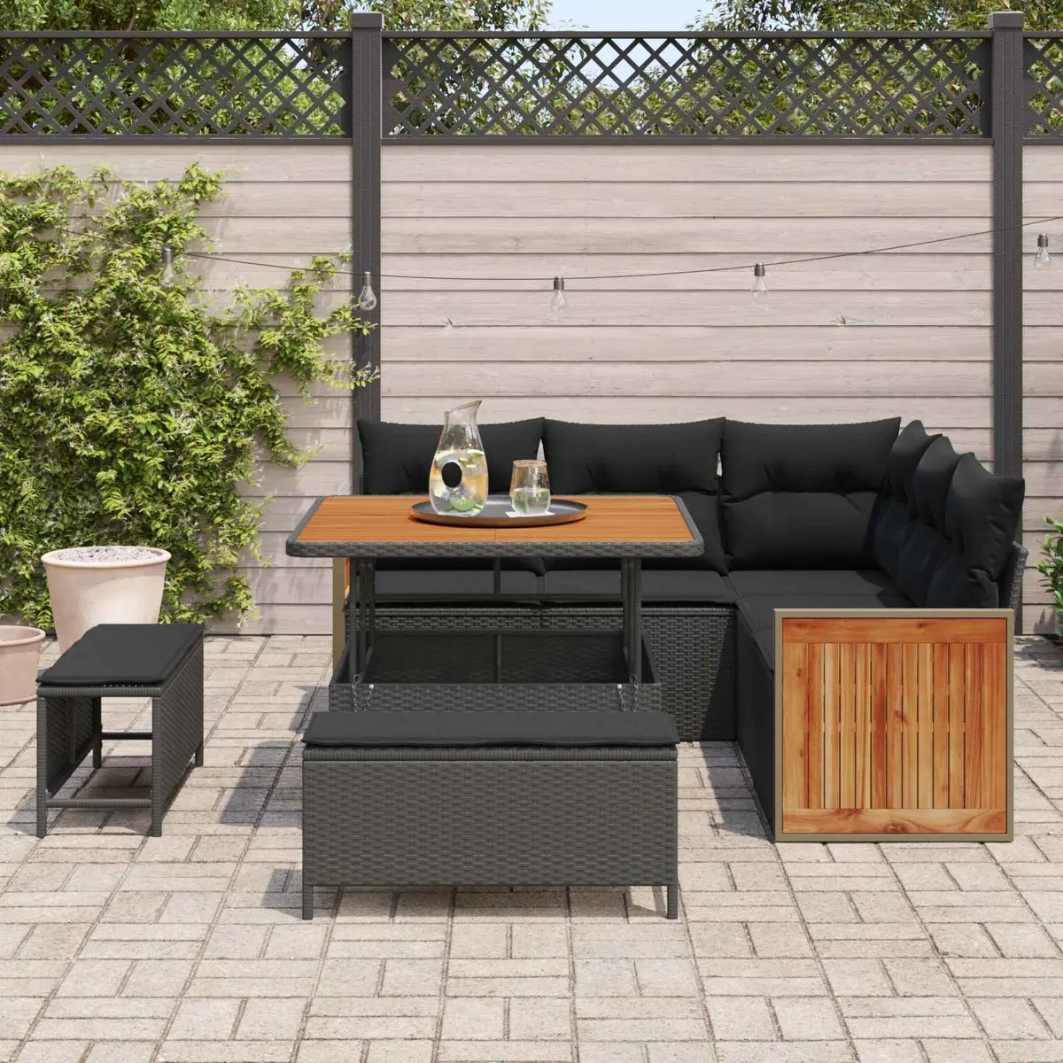 Outdoor Garden Sofa Set 8 Pieces Poly Rattan Black Steel Frame