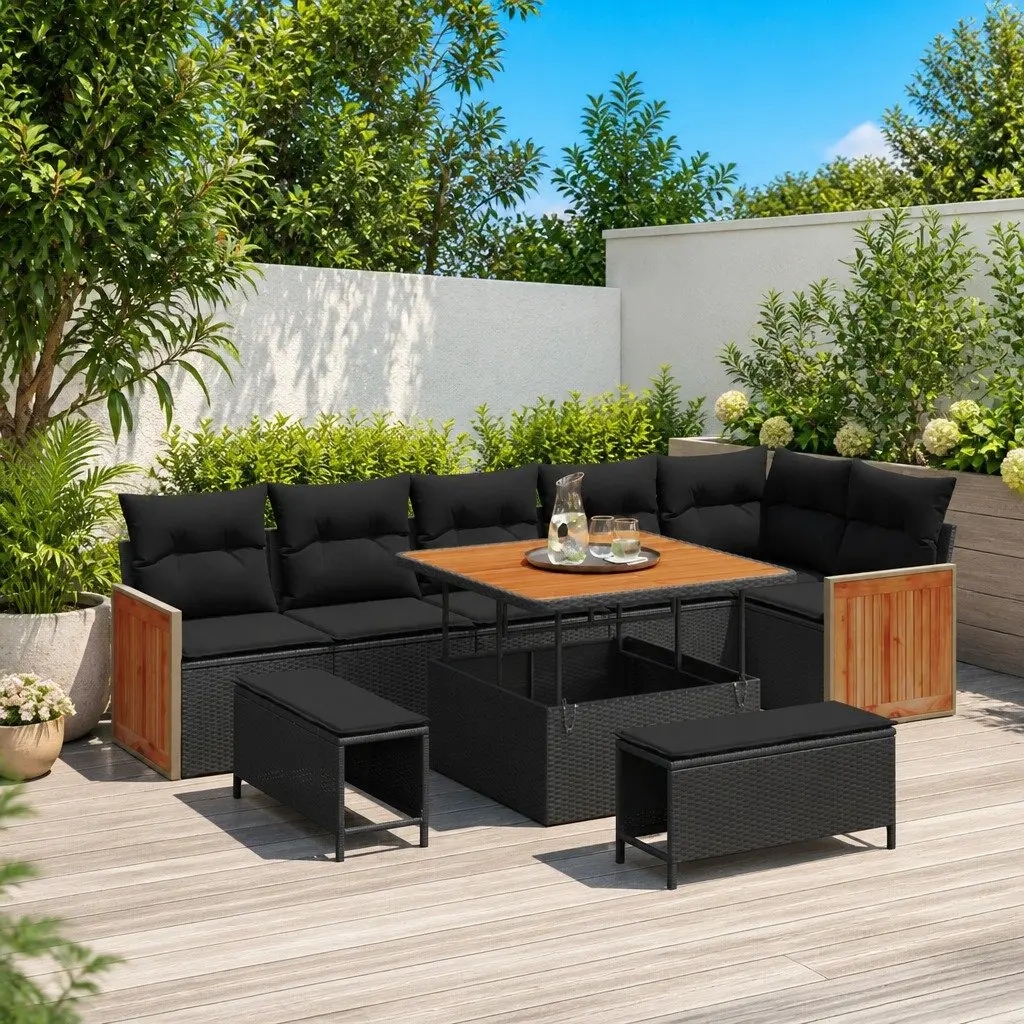 Garden Sofa Set 9 Piece Outdoor Seating Poly Rattan Steel Frame Black