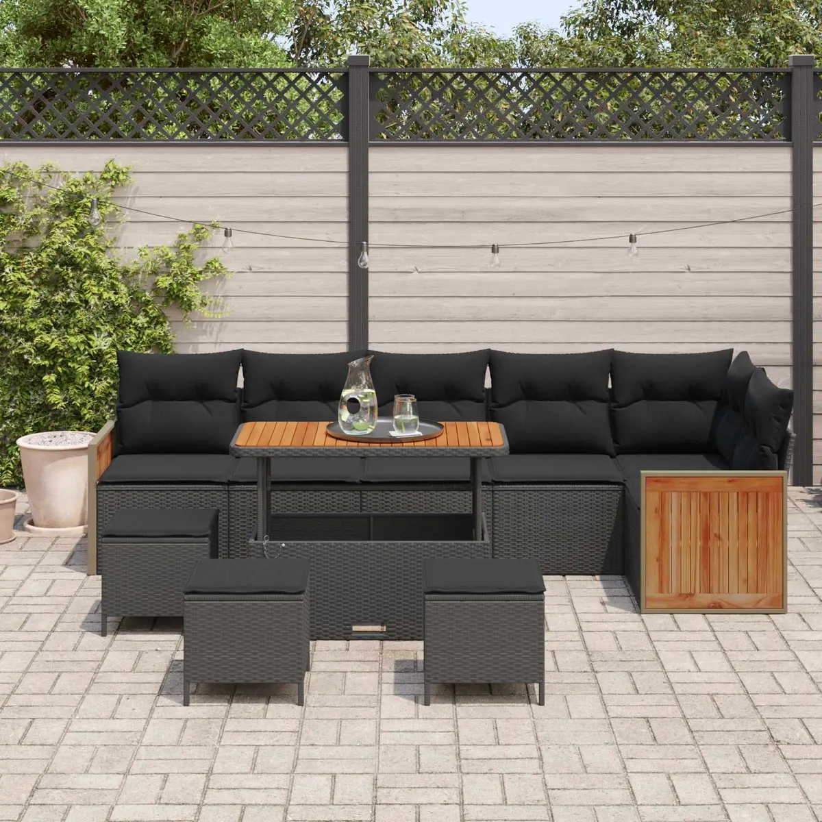 Outdoor Garden Sofa Set 10 pcs Black Poly Rattan Steel Frame with Cushions