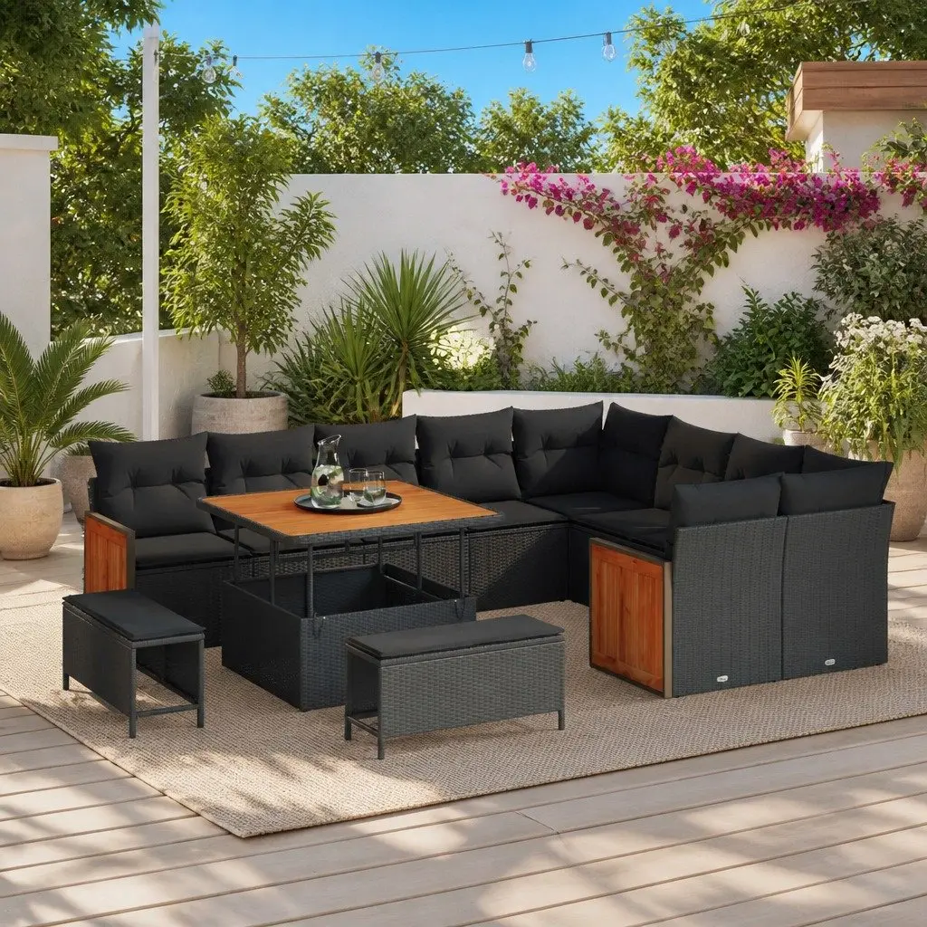 Garden Sofa Set 12 Piece Outdoor Lounge Furniture Black Poly Rattan with Weather Resistant Cushions