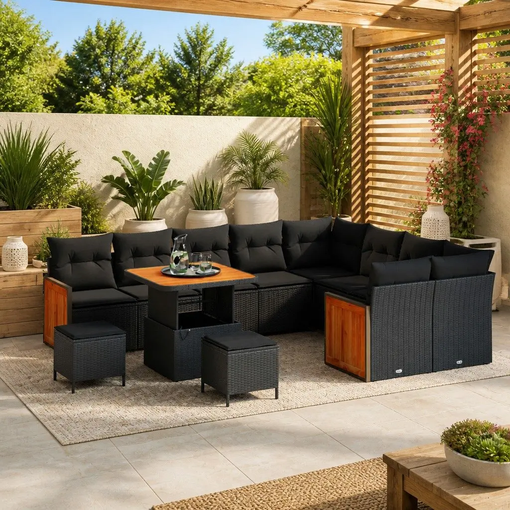 Outdoor Garden Sofa Set 12 Pieces Black Poly Rattan Patio Furniture
