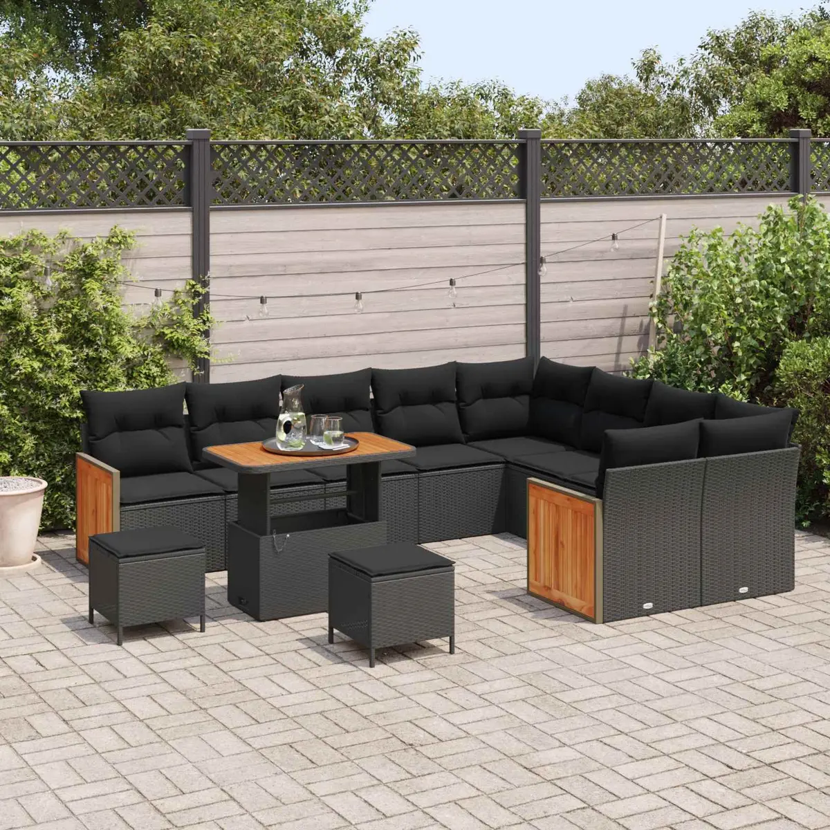 12 Piece Black Poly Rattan Patio Sofa Set Outdoor Lounge Seating Cushions for Garden and Terrace