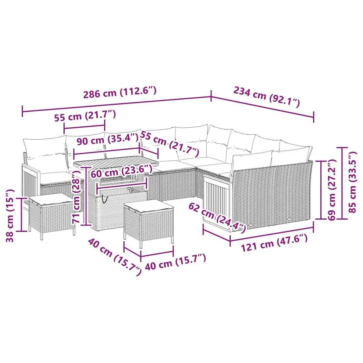 12 Piece Black Poly Rattan Patio Sofa Set Outdoor Lounge Seating Cushions for Garden and Terrace