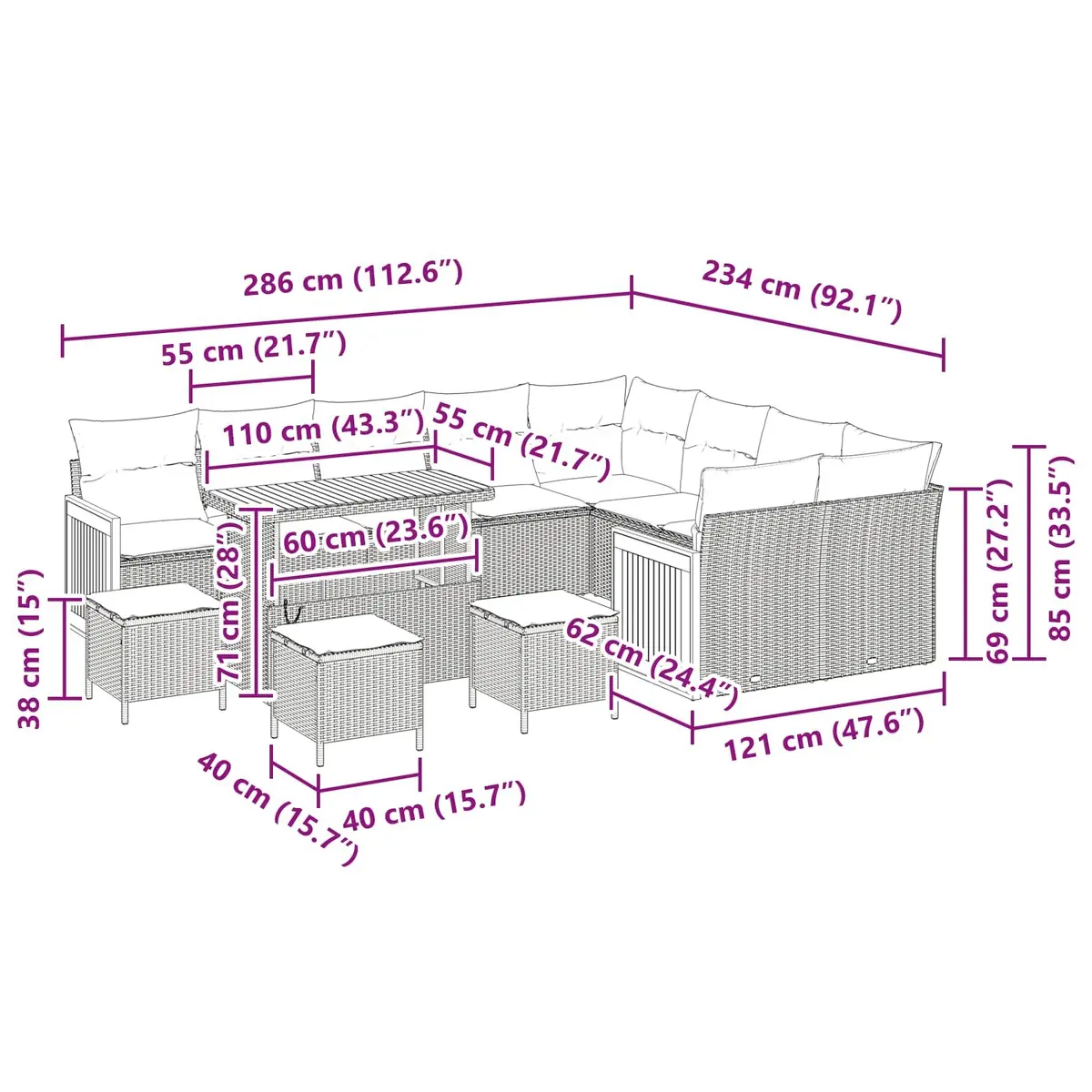 Outdoor Seating Set Black Poly Rattan 13-Piece Garden Sofa Suite