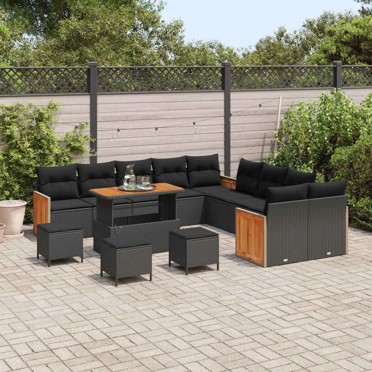 Garden Sofa Set 14 Pieces Outdoor Relaxation Black Poly Rattan Patio Furniture with Cushions