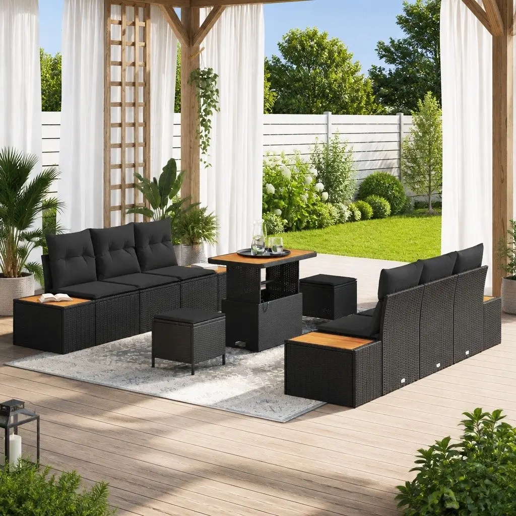 Outdoor Garden Sofa Set 9 Pieces Modular Black Poly Rattan Steel Frame Modern Patio