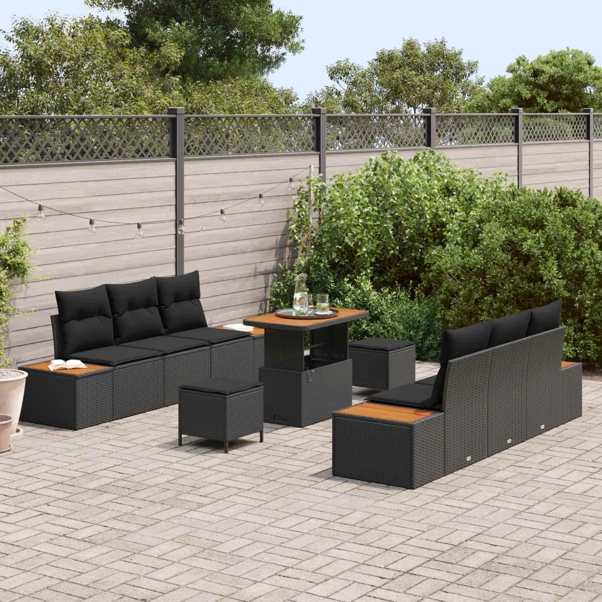 Outdoor Garden Sofa Set 9 Pieces Modular Black Poly Rattan Steel Frame Modern Patio