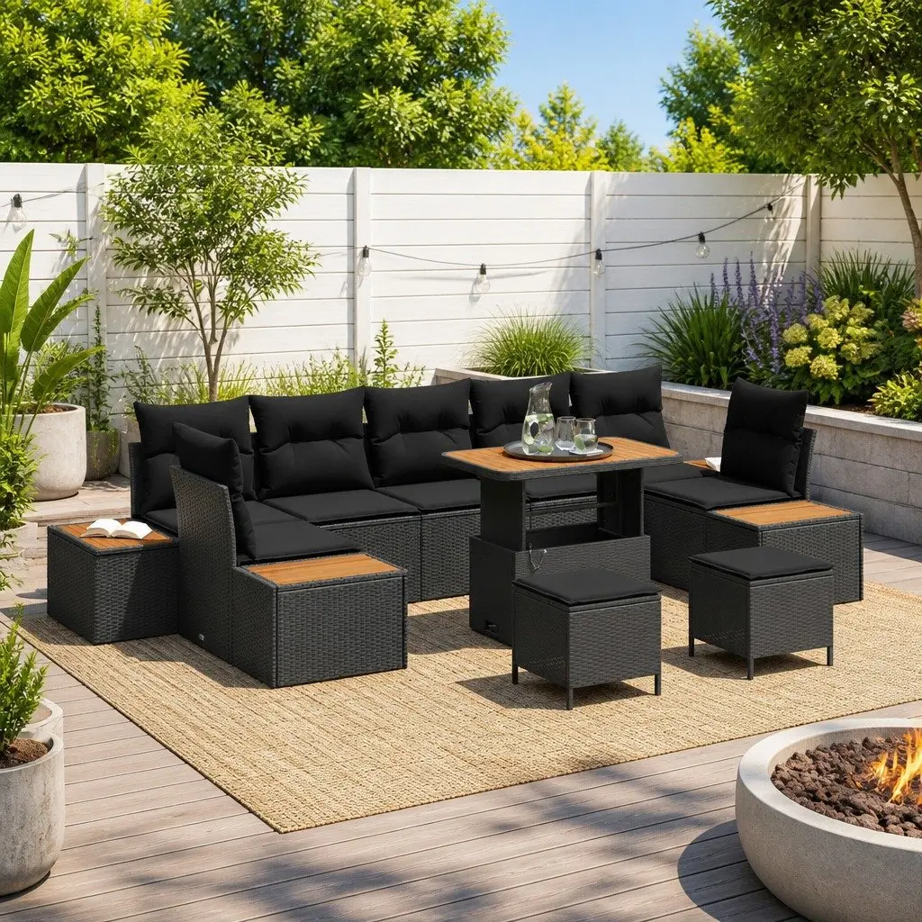 Outdoor Garden Sofa Set Modular Black Poly Rattan Steel 10 Piece Seating