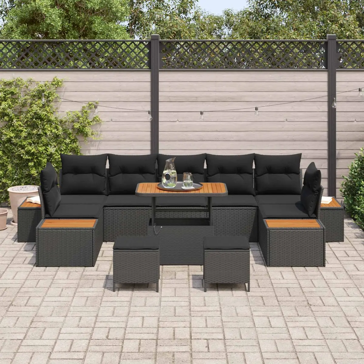 Outdoor Garden Sofa Set Modular Black Poly Rattan Steel 10 Piece Seating