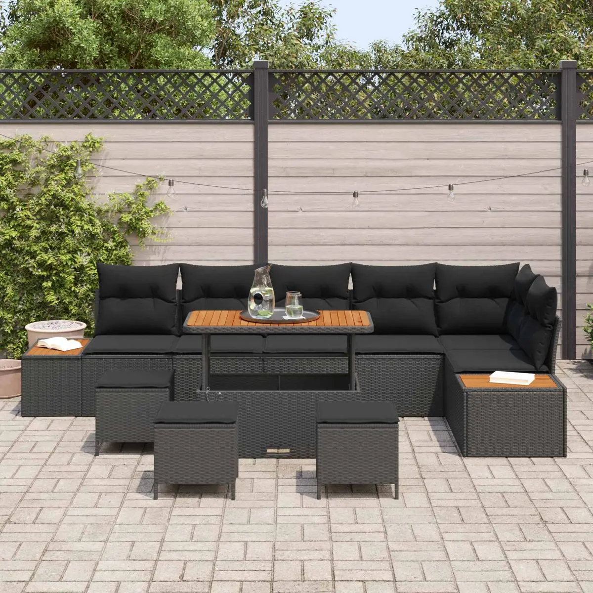 Modular Outdoor Garden Sofa Set 10 Piece Black Patio Furniture with Cushions