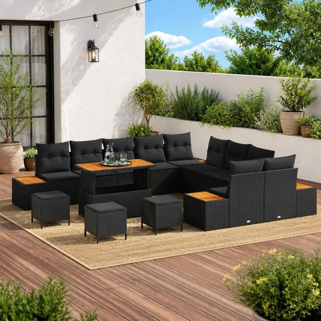 Garden Sofa Set 14 Piece Outdoor Relaxation Poly Rattan Black Patio Furniture