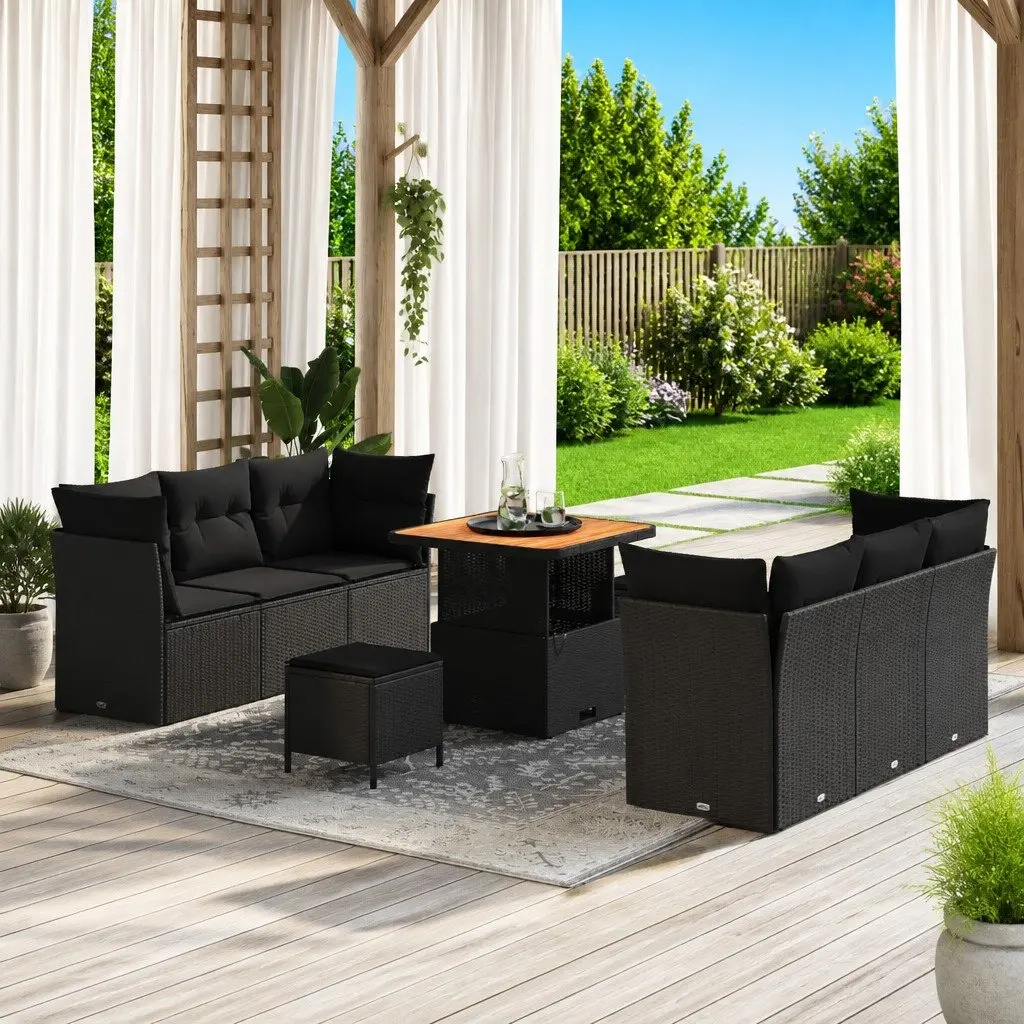 Modular Garden Sofa Set Black Poly Rattan Outdoor Seating 9 Piece Patio Furniture