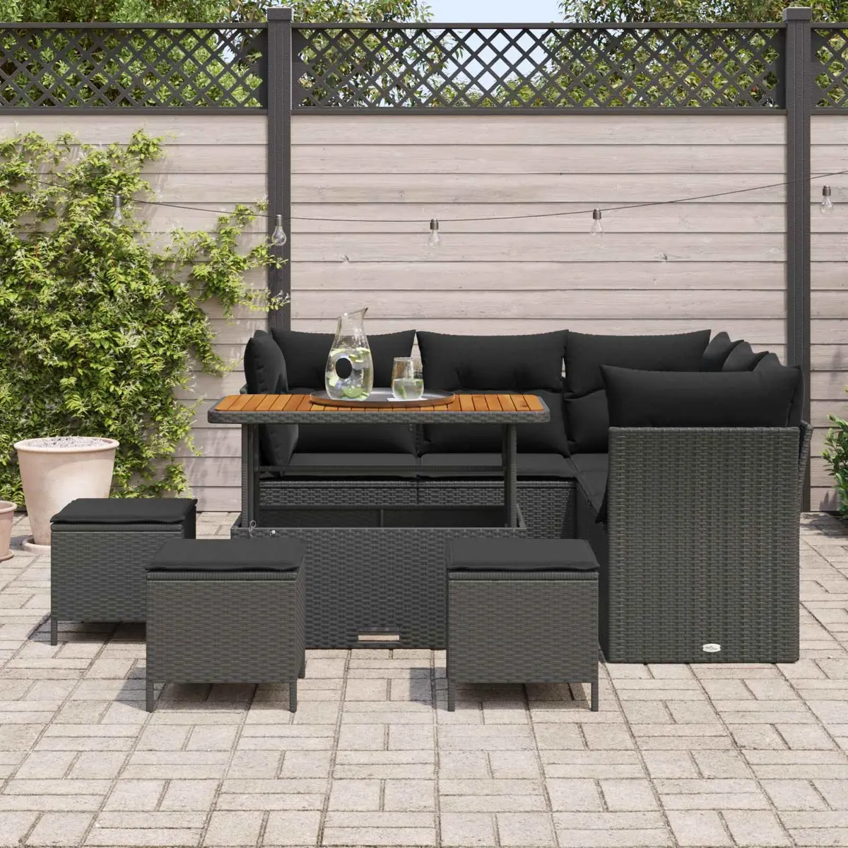 Modular Garden Sofa Set 9 Piece Outdoor Furniture Black Poly Rattan Steel Frame