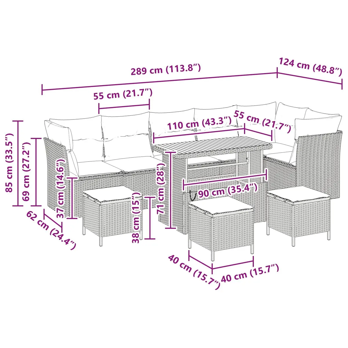 Garden Sofa Set 10 Piece Black Outdoor Rattan Sectional Lounge with Storage