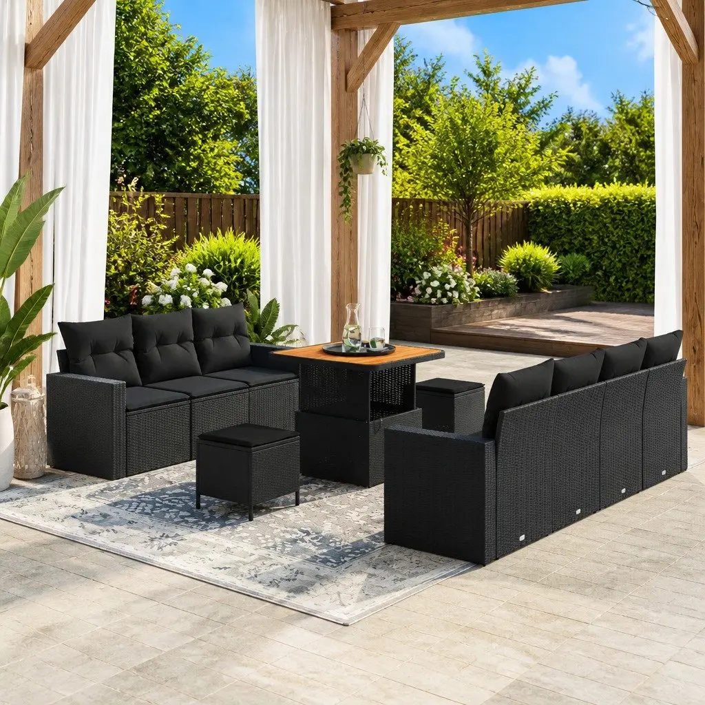 Modular Outdoor Garden Sofa Set Black Poly Rattan Patio Seating with Storage 10 Piece